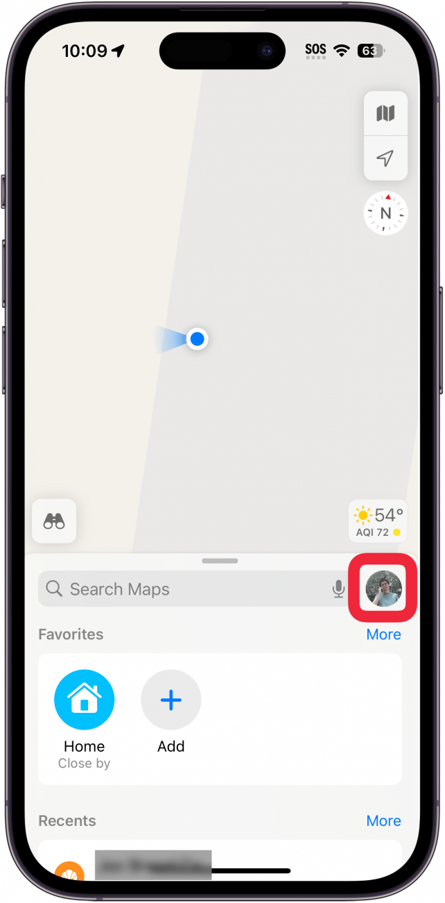 aplicación de mapas de iPhone con un cuadro rojo alrededor del icono de perfil