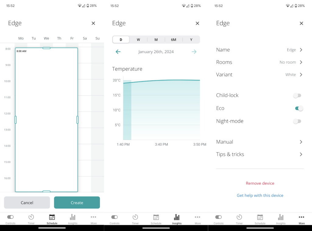 Capturas de pantalla de Android que muestran programación, historial de temperatura y configuraciones adicionales