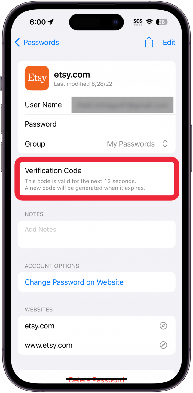 Pantalla de contraseñas de iPhone que muestra información de la cuenta de Etsy con un cuadro rojo alrededor del código de verificación.