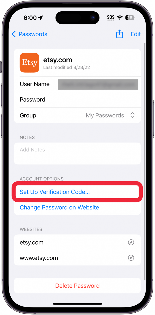 Pantalla de contraseñas de iPhone que muestra información de la cuenta de etsy con el botón de configuración del código de verificación rodeado en rojo