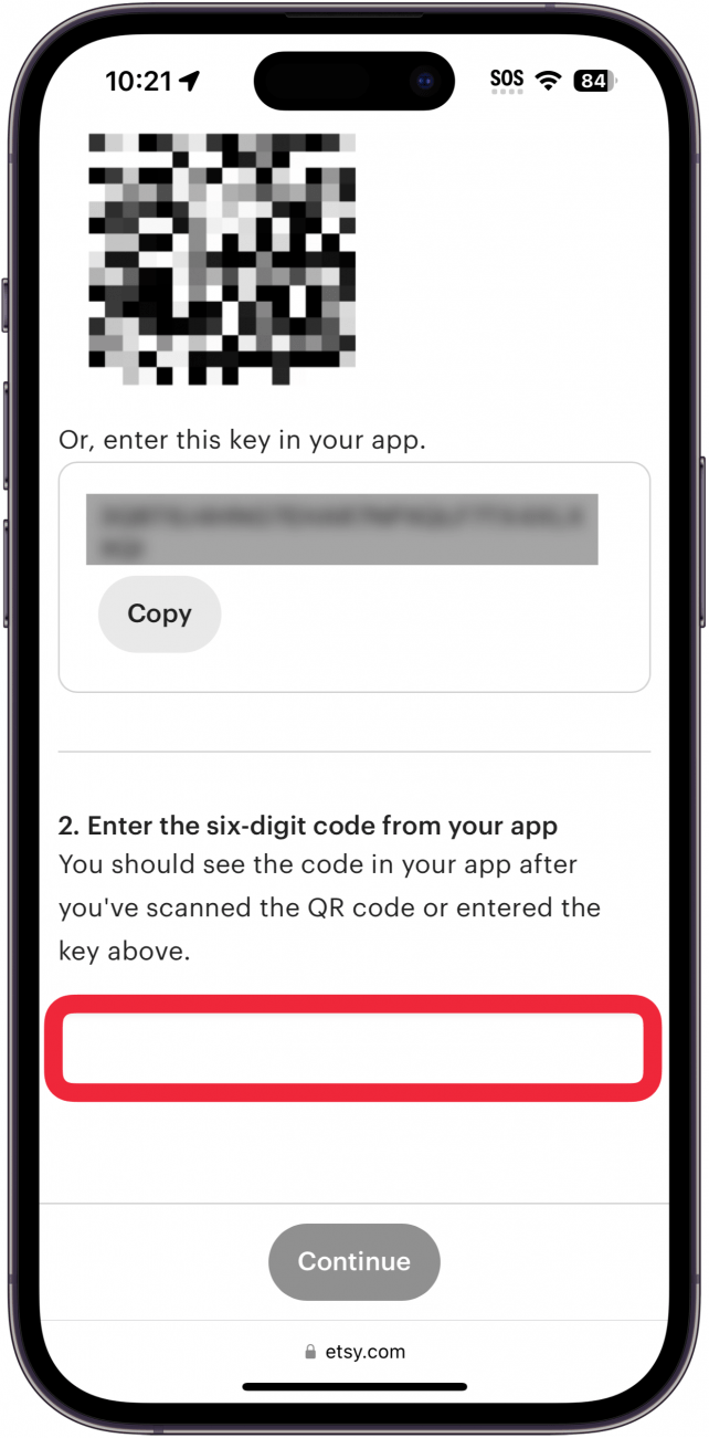 iPhone Safari que muestra la configuración de autenticación multifactor de etsy con un cuadro rojo alrededor del campo de entrada del código 2fa