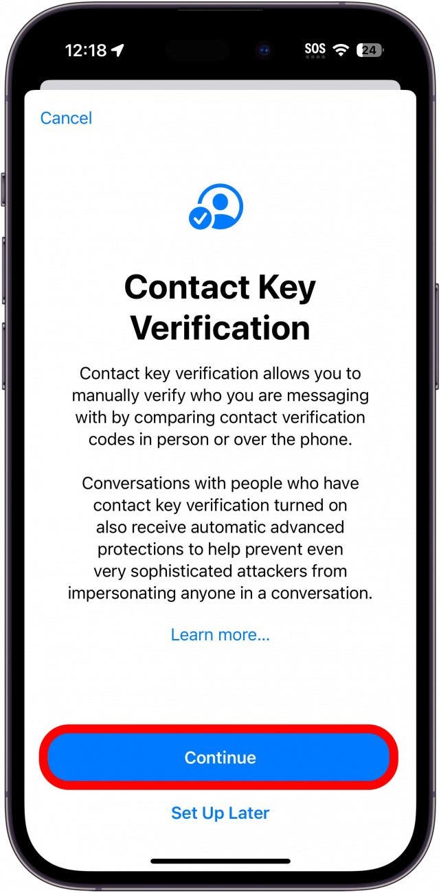 Configuración de verificación de clave de contacto con el botón Continuar con un círculo rojo