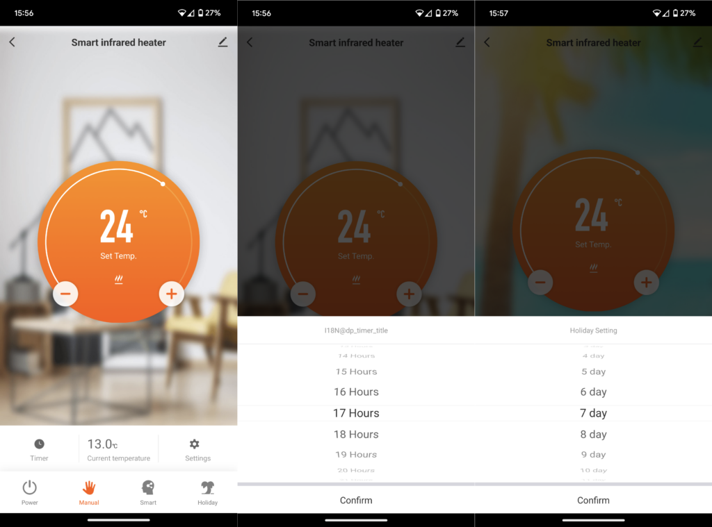 Capturas de pantalla de Android que muestran el modo Confort, el temporizador de apagado y la configuración de vacaciones