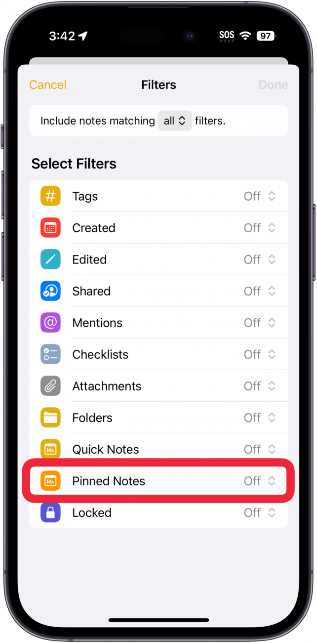 Personalización del filtro de carpeta inteligente de notas de iPhone con un cuadro rojo alrededor del filtro de notas fijadas