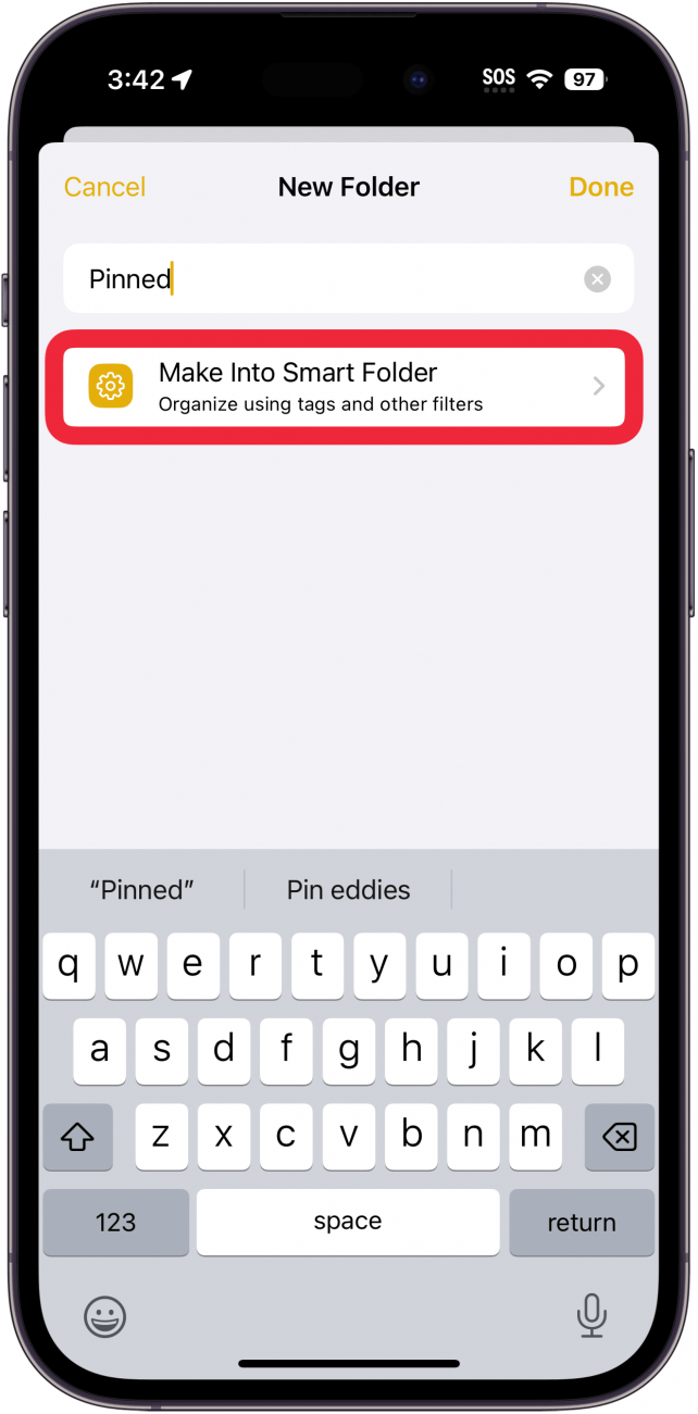 iPhone nota la pantalla de la nueva carpeta con un cuadro rojo alrededor del botón Convertir en carpeta inteligente 