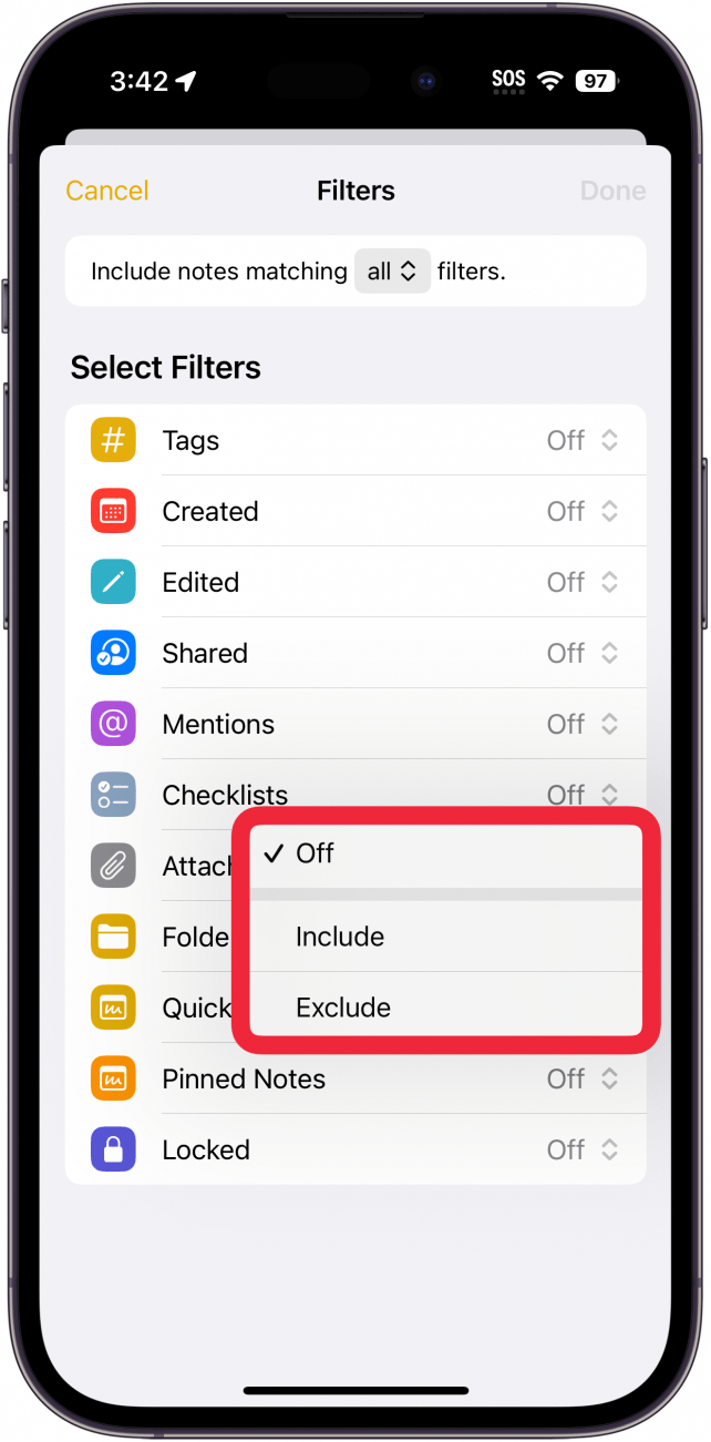 Personalización del filtro de carpeta inteligente de notas de iPhone con un cuadro rojo alrededor de las opciones de notas fijadas para incluir, excluir y desactivar