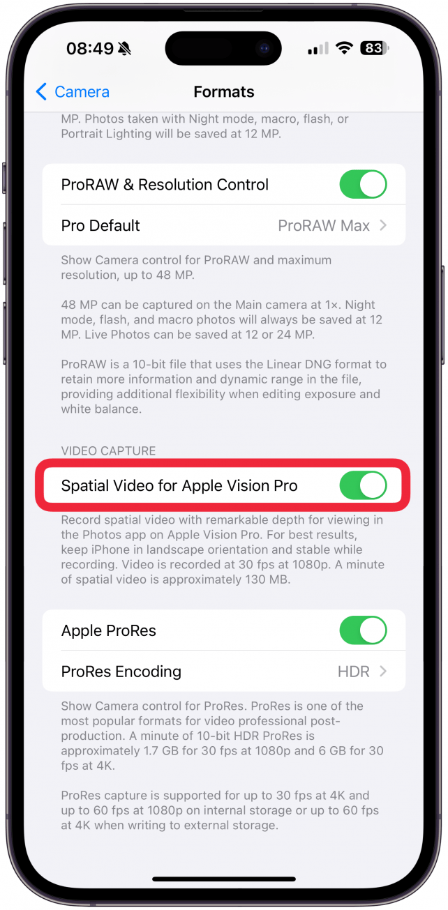 Activa o desactiva el vídeo espacial para Apple Vision Pro.