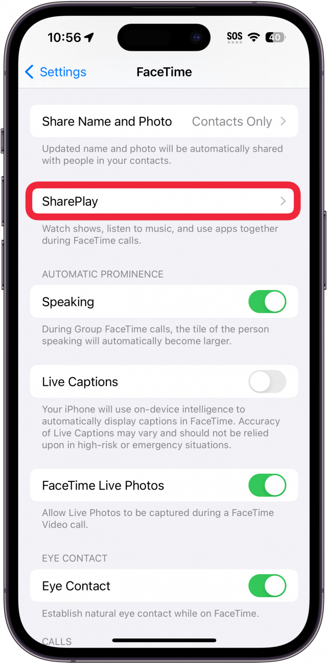 Configuración de facetime del iPhone con un cuadro rojo alrededor de Shareplay