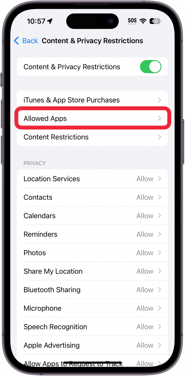 Configuración de restricciones de privacidad y contenido de tiempo de pantalla del iPhone con un cuadro rojo alrededor de las aplicaciones permitidas