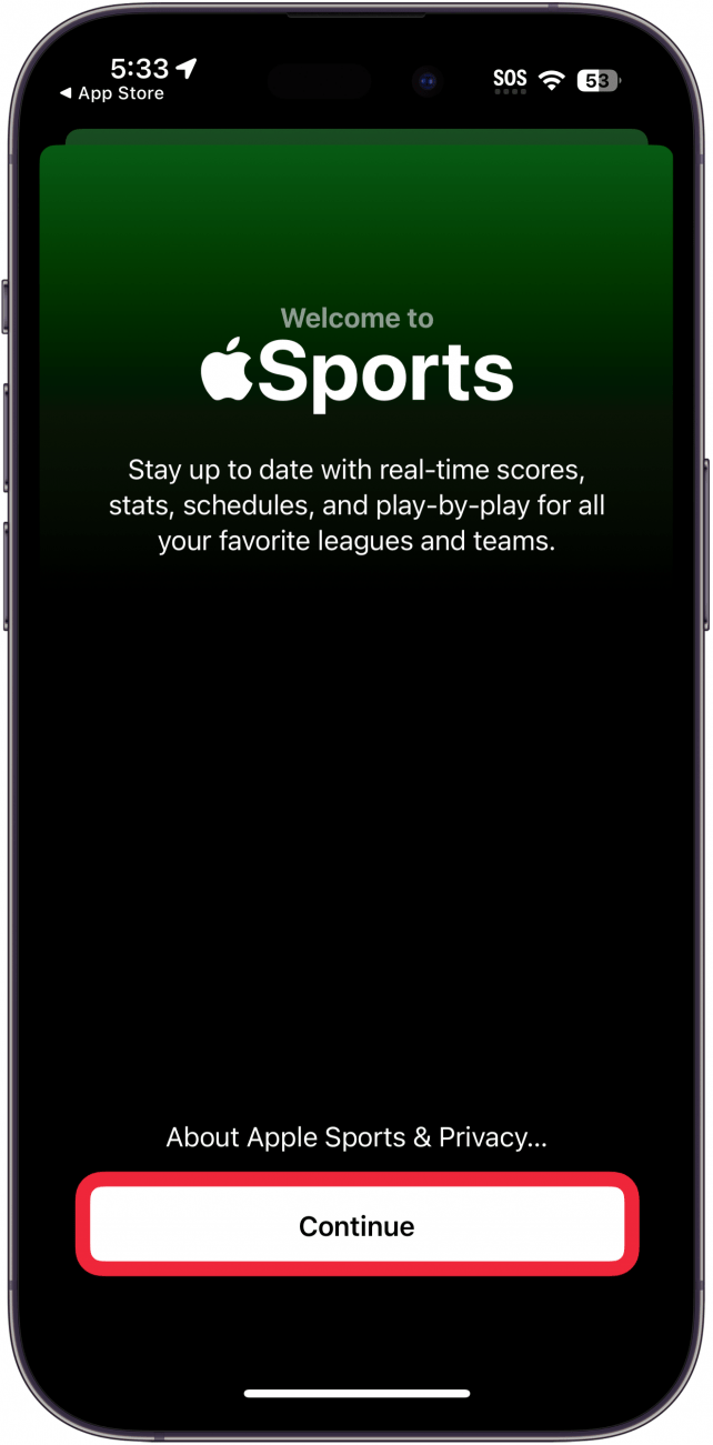 aplicación de deportes para iPhone con un cuadro rojo alrededor del botón Continuar