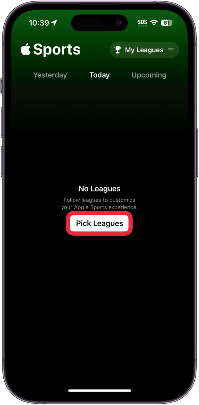 aplicación de deportes para iPhone con un cuadro rojo alrededor del botón de selección de ligas