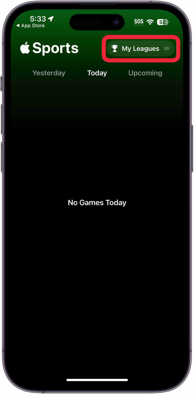 aplicación de deportes para iPhone con un cuadro rojo alrededor del botón Mis ligas
