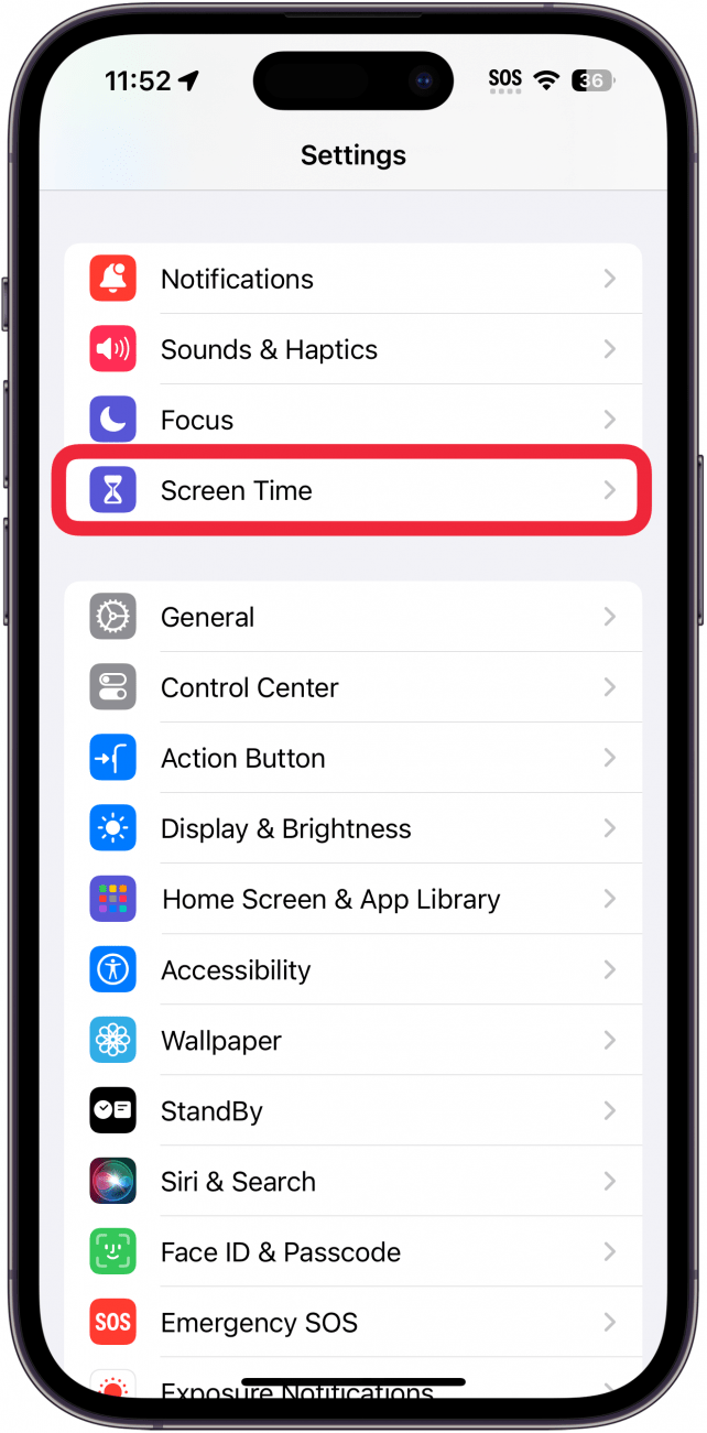 aplicación de configuración de iPhone con un cuadro rojo alrededor del tiempo de pantalla