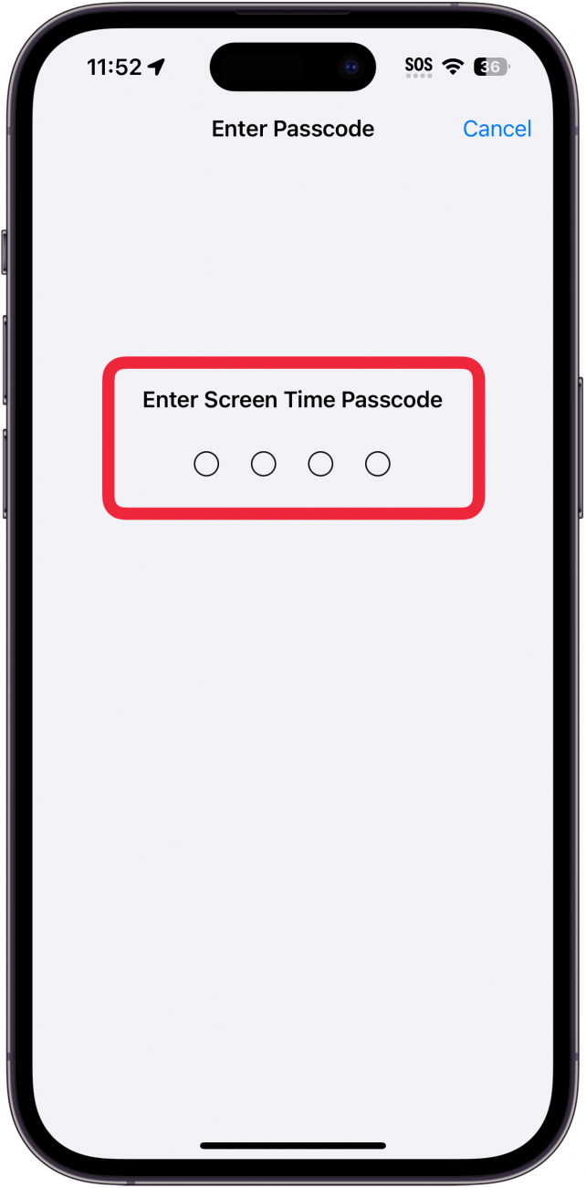 pantalla de contraseña de tiempo de pantalla del iPhone con un cuadro rojo alrededor del campo de entrada