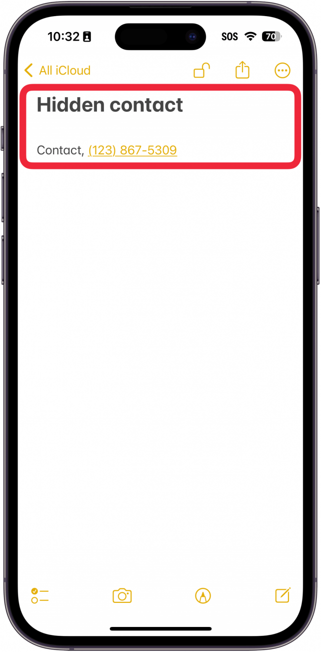 Aplicación de notas para iPhone que muestra una nota bloqueada con información de contacto escrita