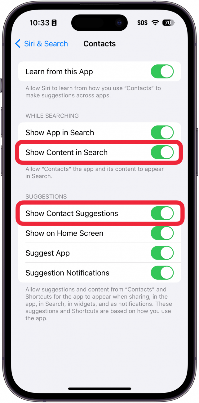 iPhone Siri y configuración de búsqueda para la aplicación de contactos con cuadros rojos alrededor de mostrar contenido en la búsqueda y mostrar sugerencias de contactos alterna