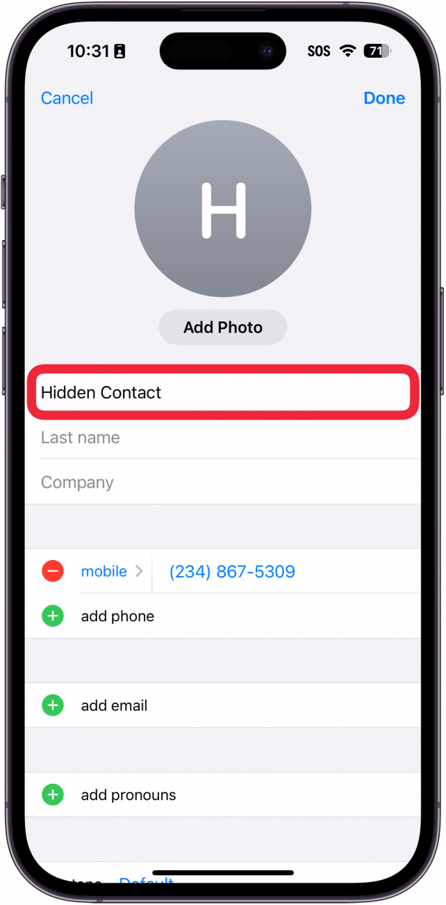 menú de edición de contacto del iPhone con un cuadro rojo alrededor del nombre del contacto