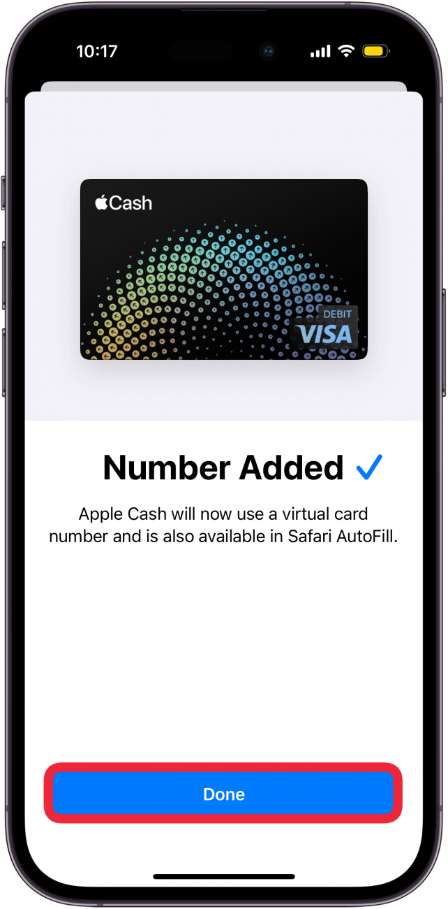Pantalla de configuración del número de tarjeta virtual de iPhone Apple Wallet con un cuadro rojo alrededor del botón Listo