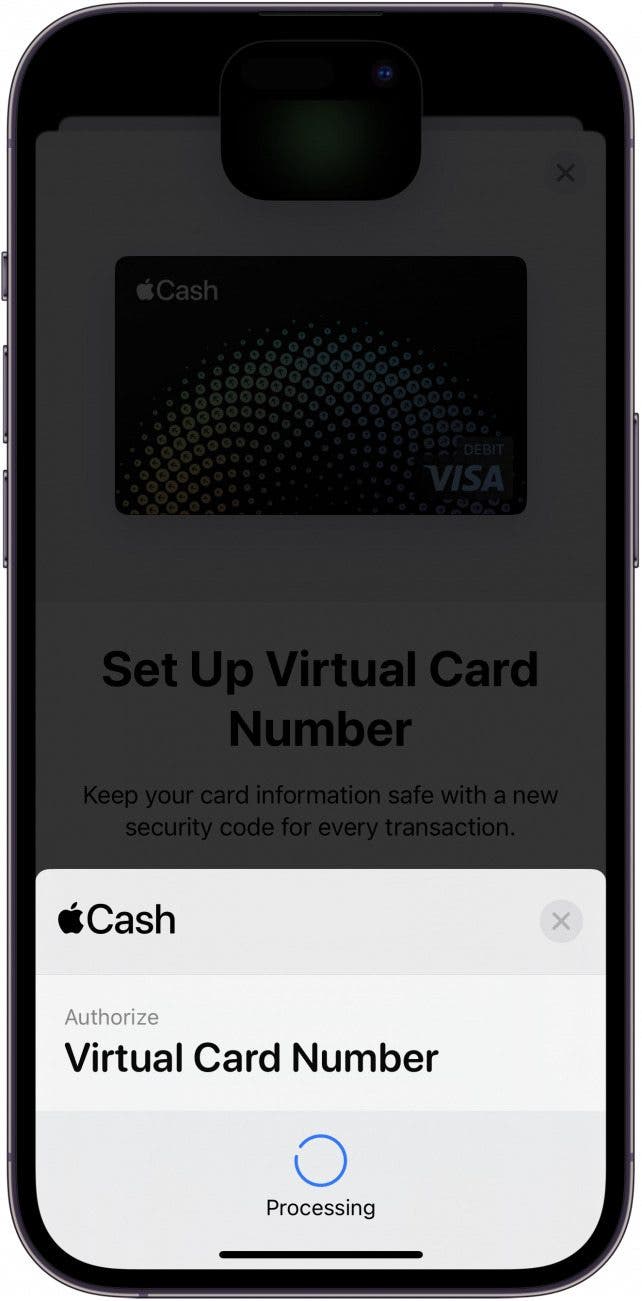 Configuración de la tarjeta virtual iPhone Apple Wallet que muestra un mensaje de autorización de Face ID