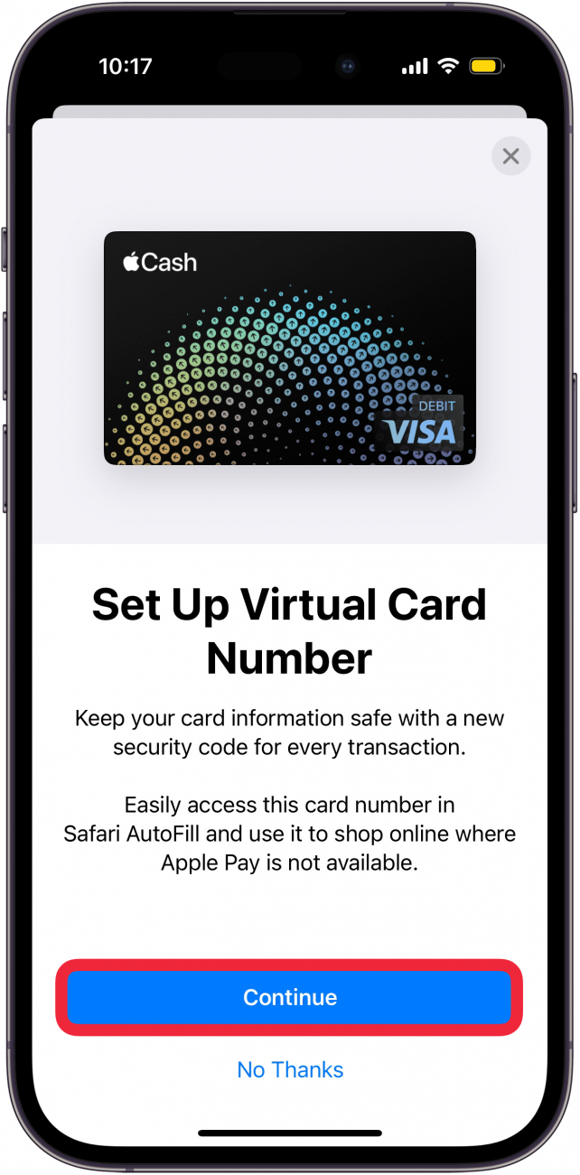 Pantalla de configuración del número de tarjeta virtual de iPhone Apple Wallet con un cuadro rojo alrededor del botón Continuar