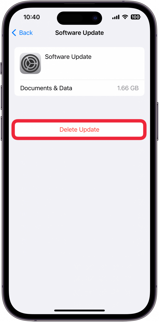 Pantalla de administración de almacenamiento del iPhone para una actualización de software con el botón Eliminar actualización con un círculo rojo