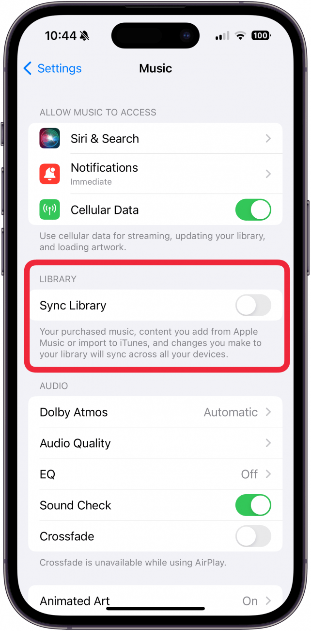 desactivar la biblioteca de sincronización en la configuración de música de Apple