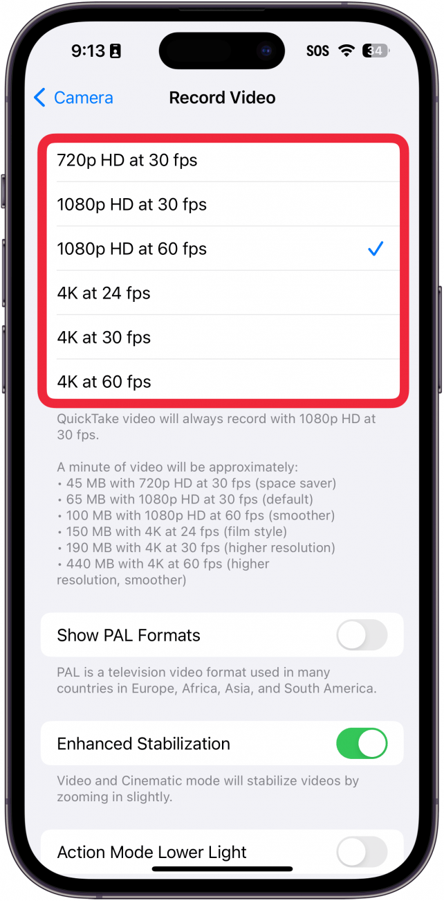 configuración de grabación de video del iPhone con un cuadro rojo alrededor de la configuración de resolución de video