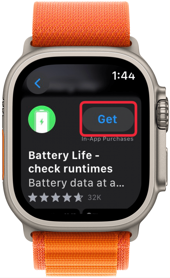 Toca Obtener para descargar la aplicación de duración de la batería en el Apple Watch.