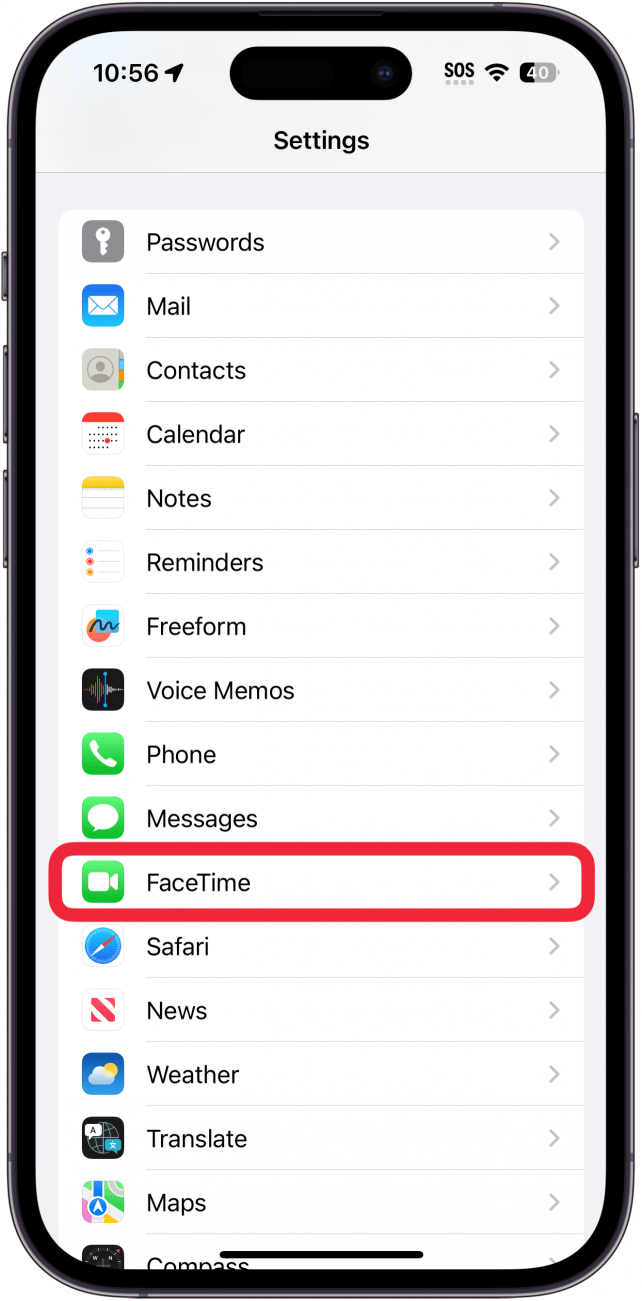 aplicación de configuración de iPhone con un cuadro rojo alrededor de Facetime