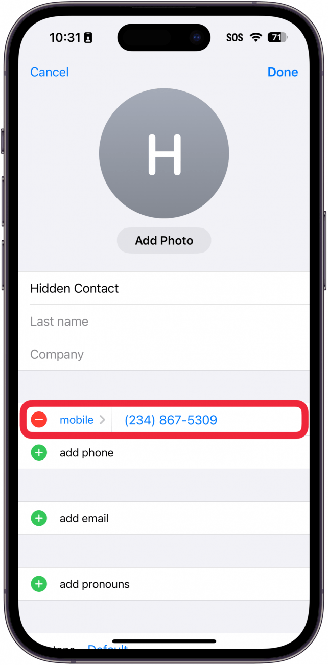 menú de contacto de edición de iPhone con un cuadro rojo alrededor del número de teléfono de contacto