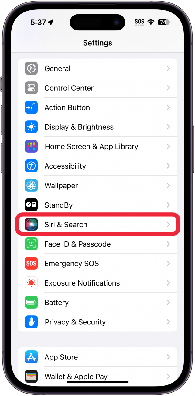 Configuración de iPhone con un cuadro rojo alrededor de Siri y búsqueda.