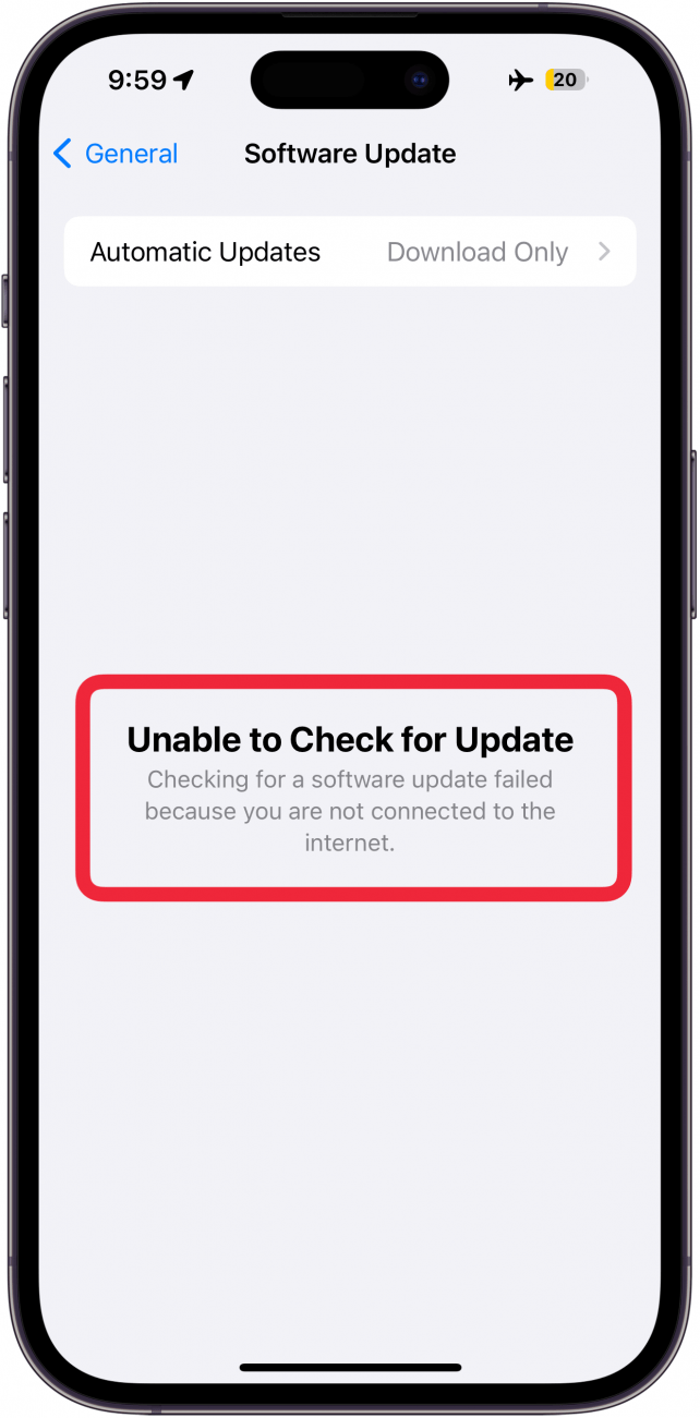Pantalla de actualización de software del iPhone con un mensaje de error que lee, no se puede buscar actualización.  La búsqueda de una actualización de software falló porque no está conectado a Internet.