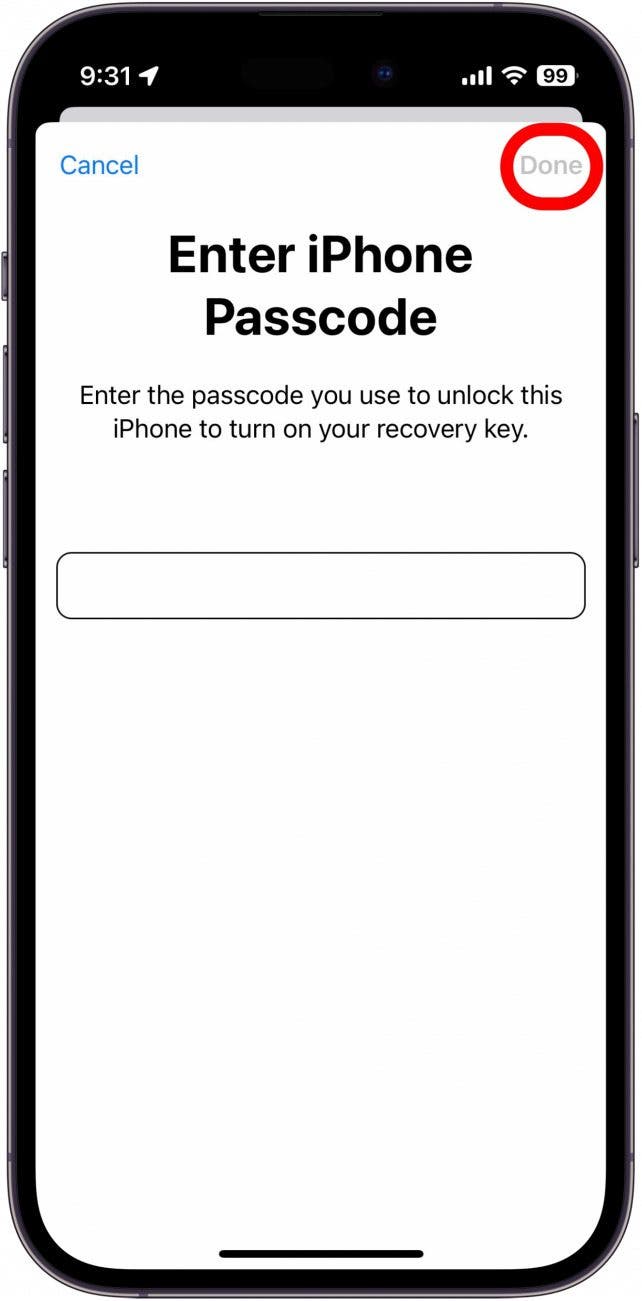 Pantalla de clave de recuperación de cuenta de iPhone que muestra una ventana emergente que pregunta si el usuario está seguro de querer activar esta función, con un cuadro rojo alrededor de usar clave de recuperación