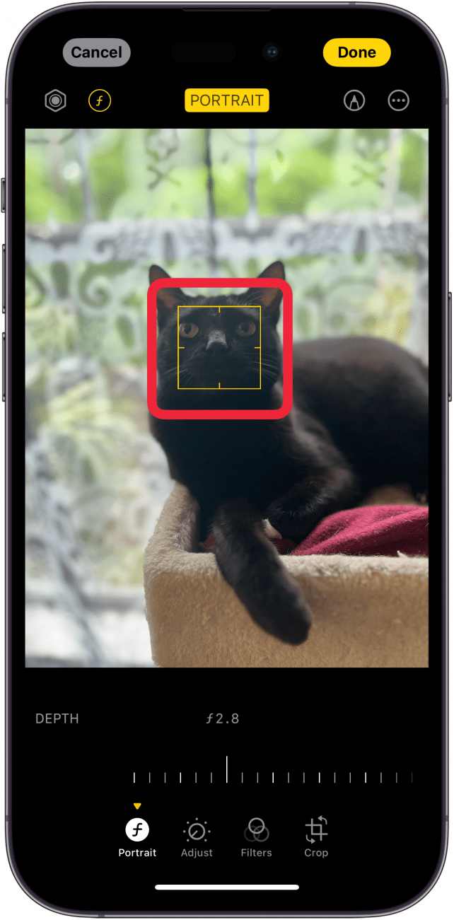 editor de fotos de iPhone con un cuadro rojo alrededor del cuadrado del área de enfoque amarillo