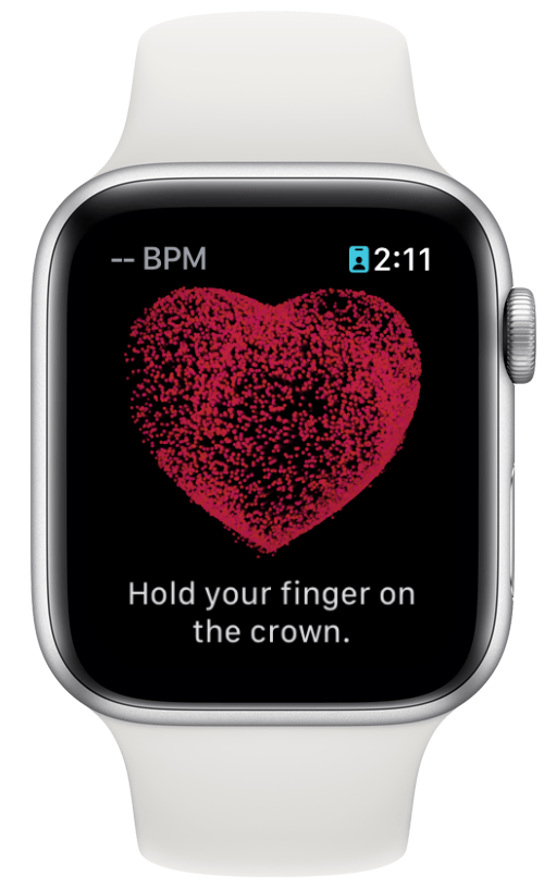 Aplicación Apple Watch ECG que muestra un símbolo de corazón e instrucciones de lectura. 