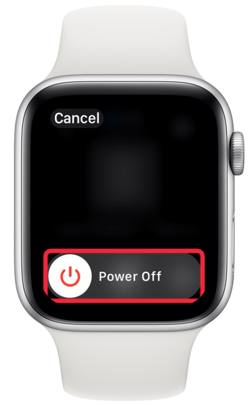 Menú de apagado del Apple Watch con un cuadro rojo alrededor del control deslizante de apagado