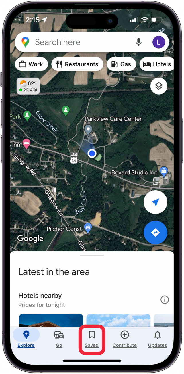 toque la pestaña guardada en la aplicación Google Maps.PNG