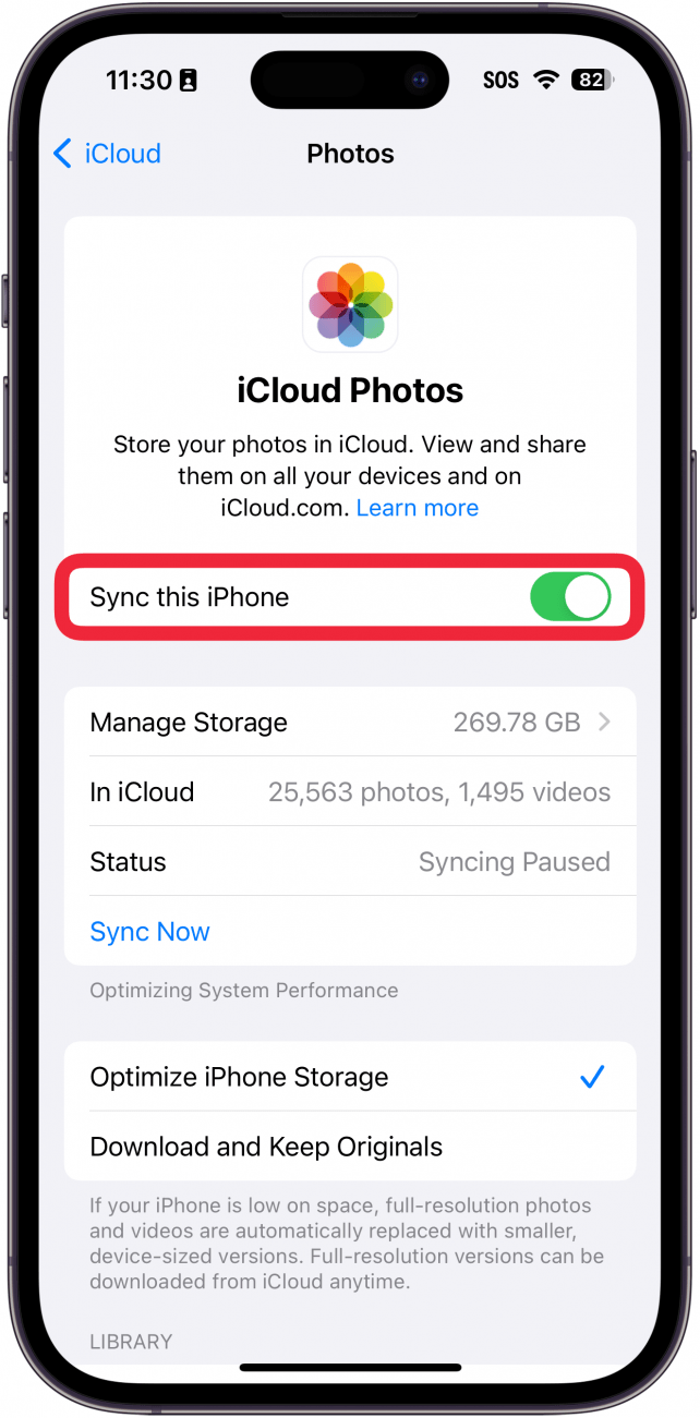 configuración de fotos de iphone icloud con un cuadro rojo alrededor de sincronización con este botón de iphone