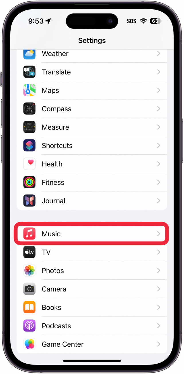 Configuración del iPhone con un cuadro rojo alrededor de la música.