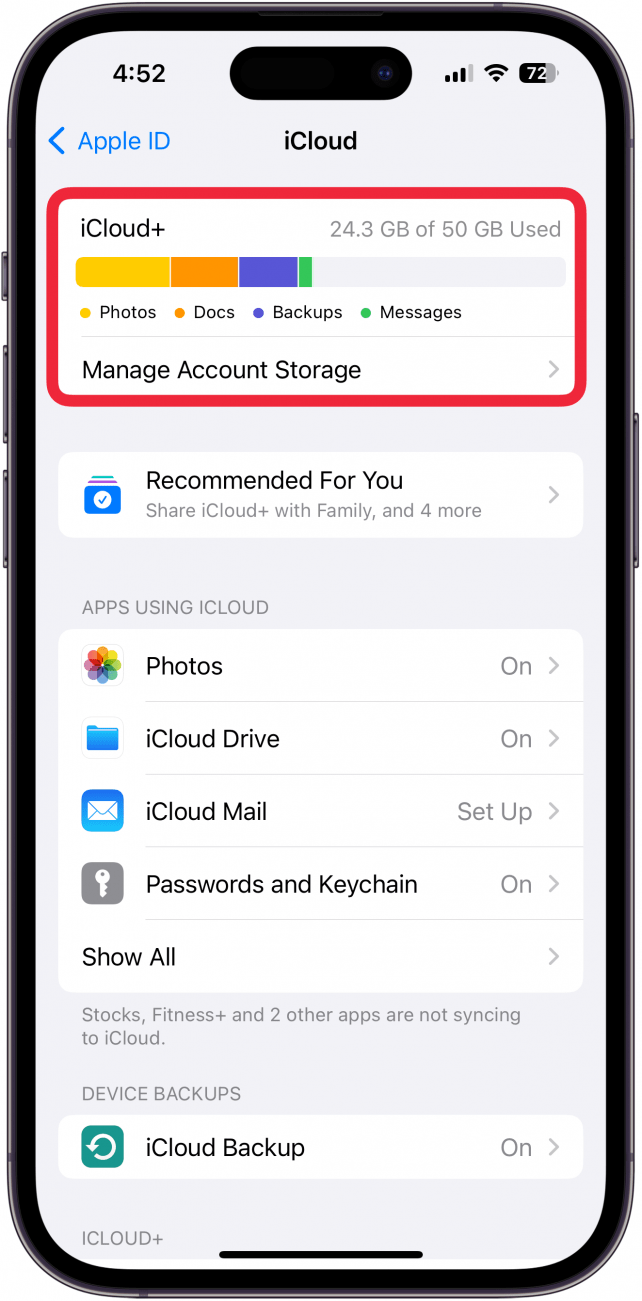 asegúrese de que el iPhone tenga suficiente almacenamiento si los correos electrónicos desaparecieron en el iPhone