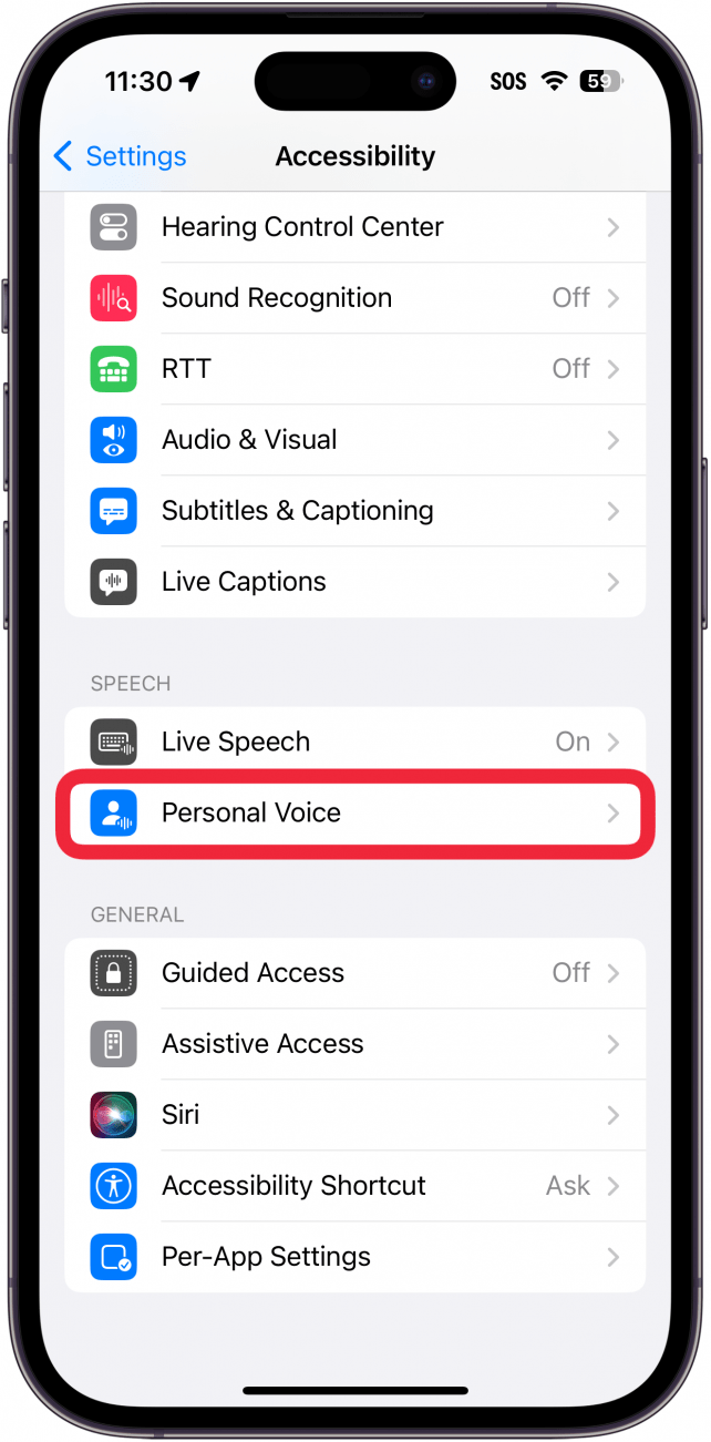 Configuración de accesibilidad del iPhone con un cuadro rojo alrededor de la voz personal.