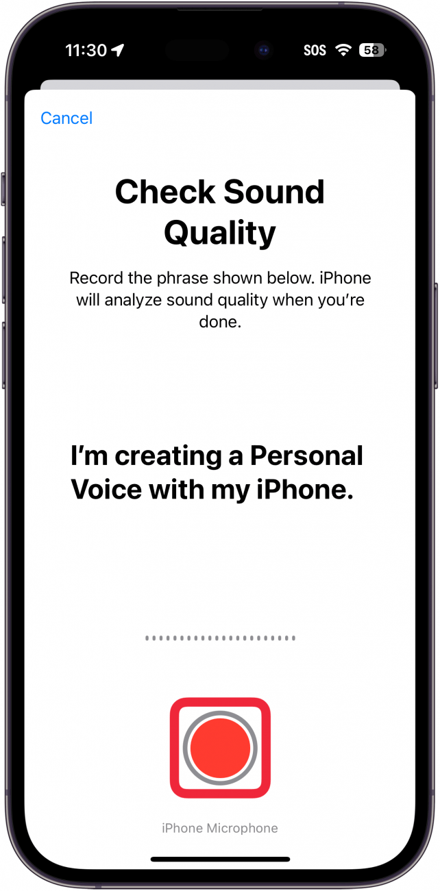 voz personal del iPhone configurada con un cuadro rojo alrededor del botón de grabación