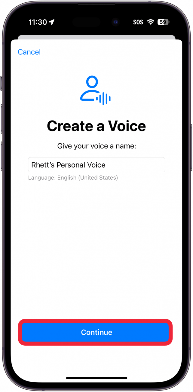 voz personal del iPhone configurada con un cuadro rojo alrededor de un botón azul de continuar
