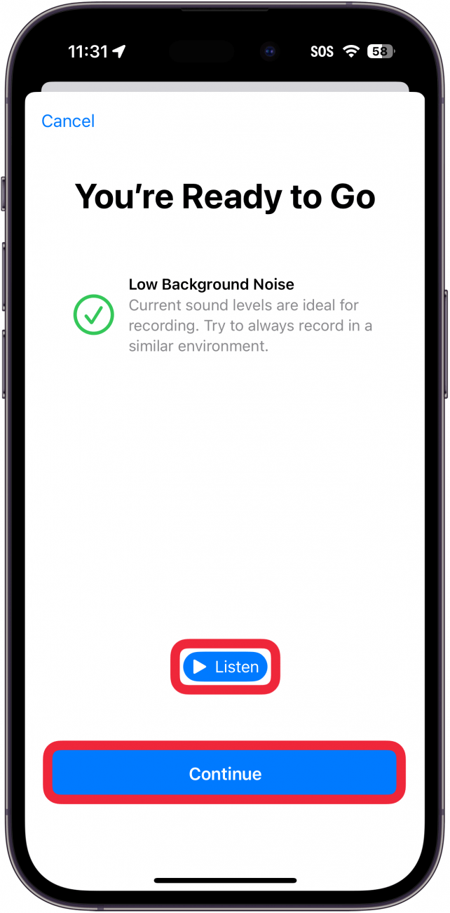 voz personal del iPhone configurada con un cuadro rojo alrededor de un botón azul de escuchar y un cuadro rojo alrededor de un botón azul de continuar