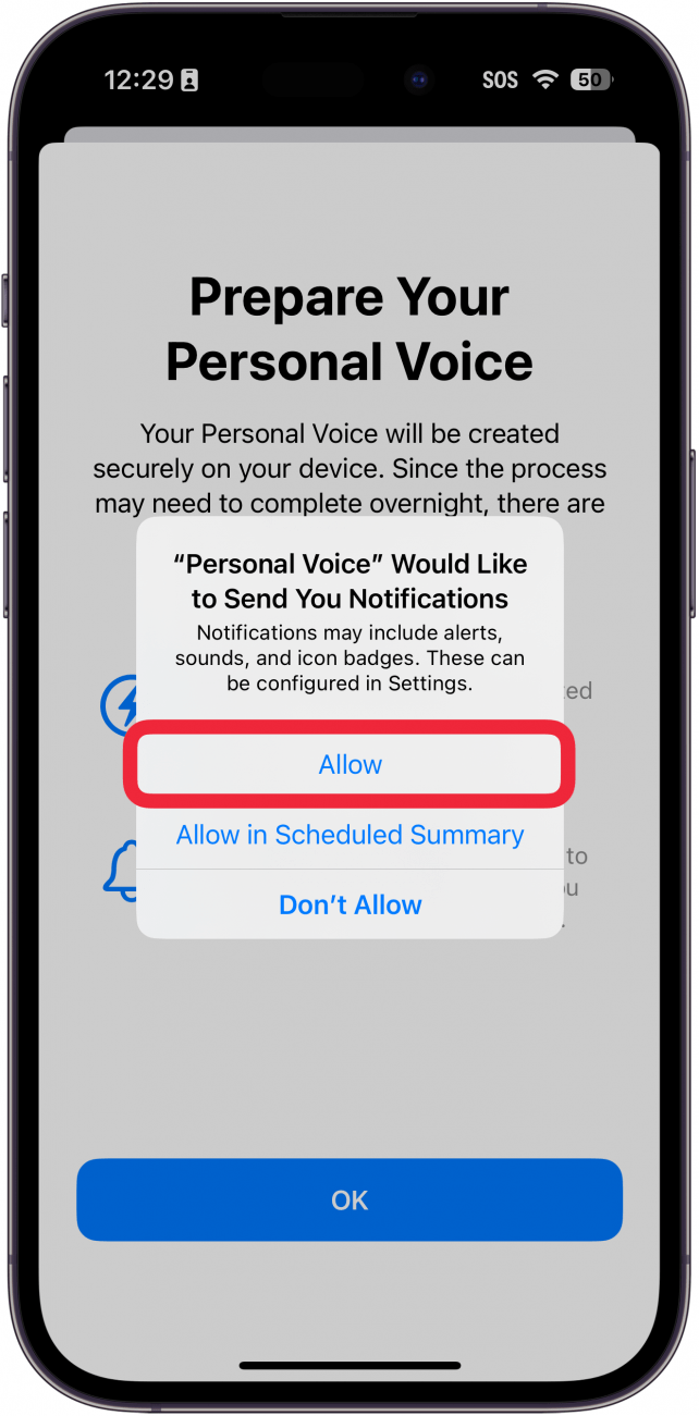 Configuración de voz personal del iPhone que muestra una ventana que pregunta si el usuario desea permitir notificaciones con un cuadro rojo alrededor del botón Permitir.