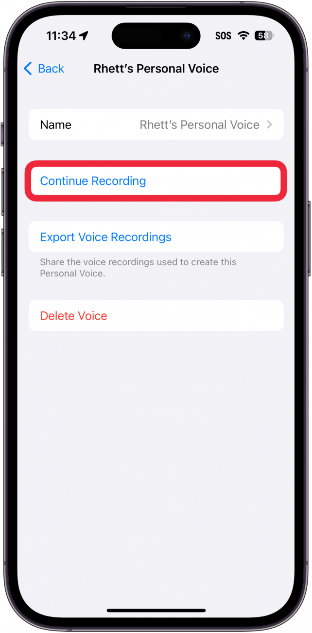 configuración de voz personal del iPhone con un cuadro rojo alrededor del botón de continuar grabando