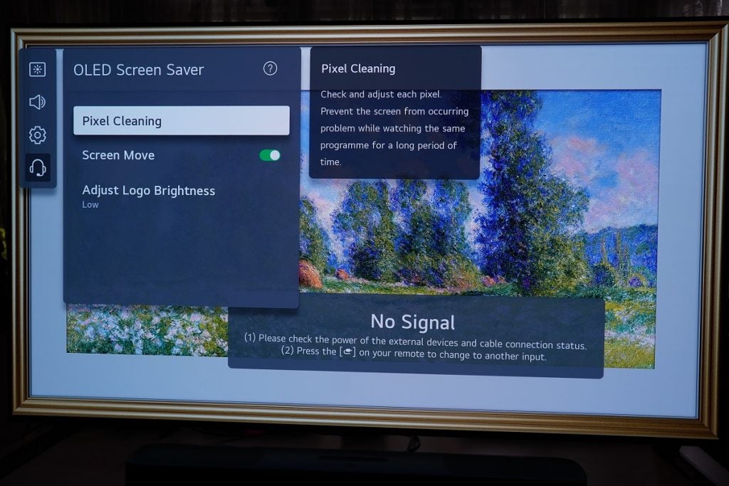 TV OLED LG G1 que muestra la configuración del protector de pantalla OLED y limpieza de píxeles