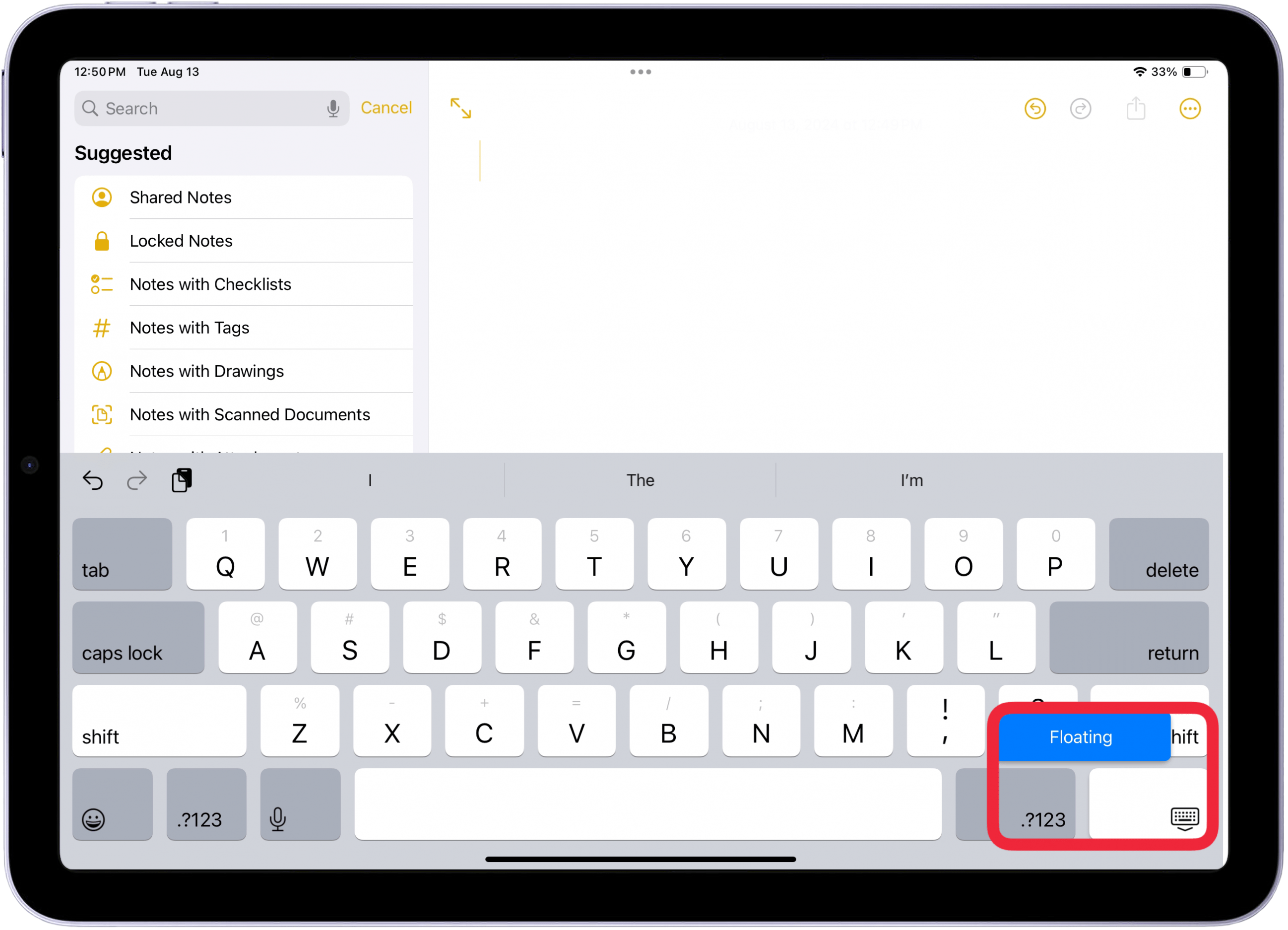 toque flotante en el menú para activar el teclado flotante del iPad