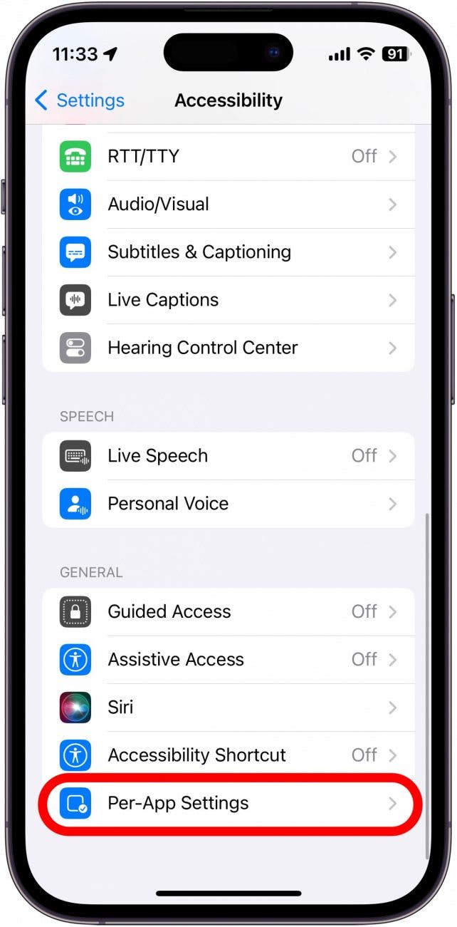 Configuración de iPhone Captura de pantalla con la configuración de la aplicación con círculo en rojo
