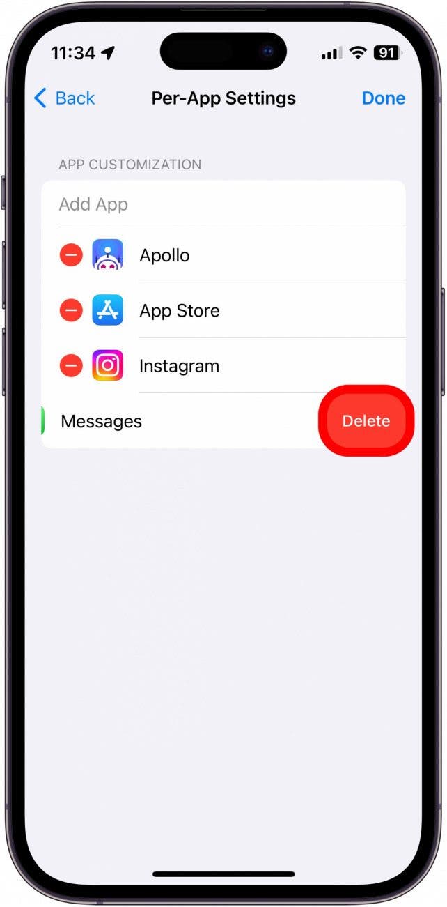iPhone por configuración de la aplicación Captura de pantalla con botón Eliminar en rodajas en rojo
